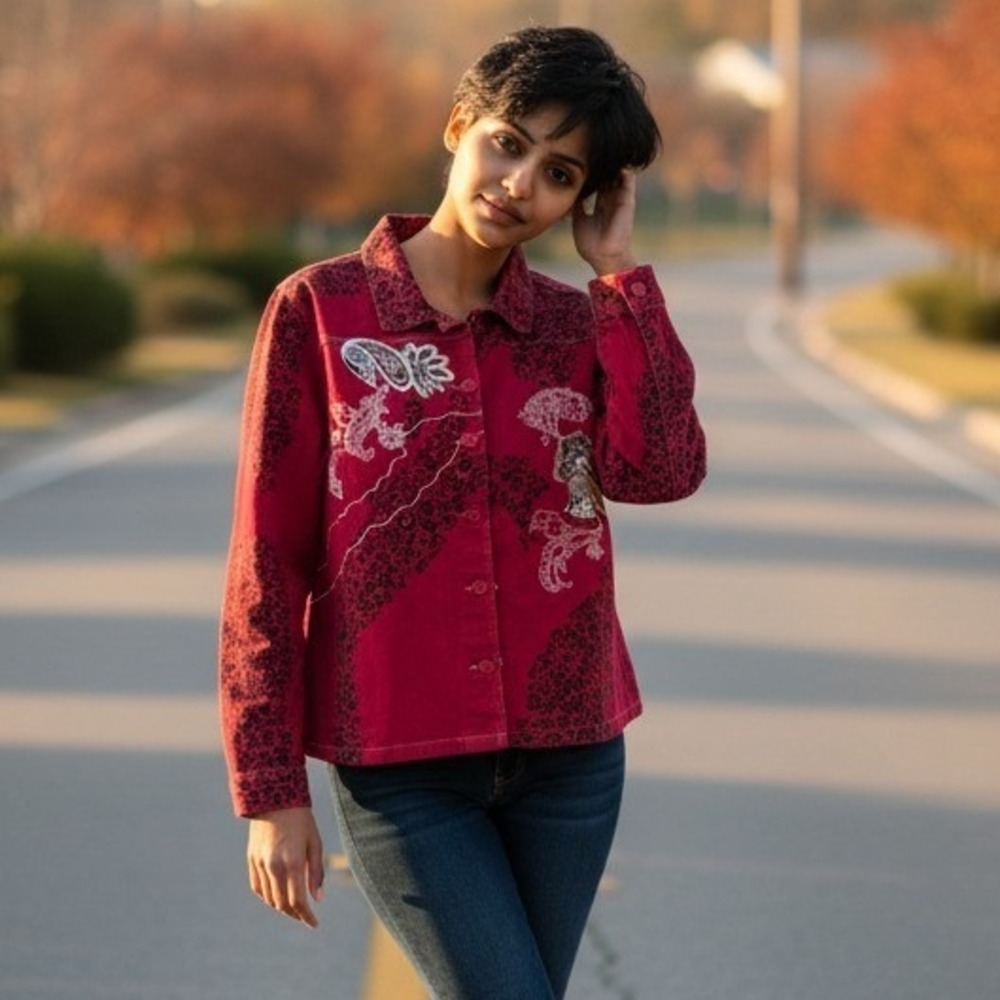 Denim & Co 2X Red Y2K Embroidered Jean Jacket Animal Print Button Boxy‎ Western
